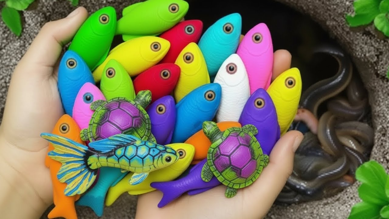Catch beautiful aquarium fish in small pond baby turtles, eel, koi, rat fish, guppies red, iguanas.