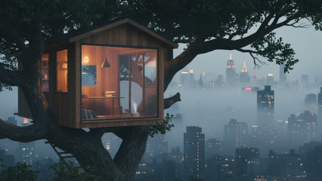 Dreamlike Treehouse Above New York City for Relaxation & Focus (Rainy Evening)