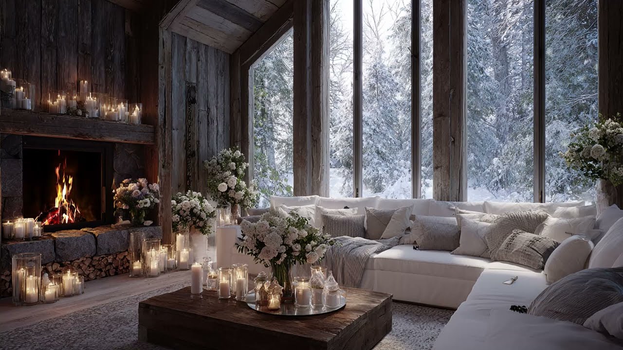 Cozy Winter Feelings: Relaxing Piano Music with Fireplace Sounds and Snowy Forest View