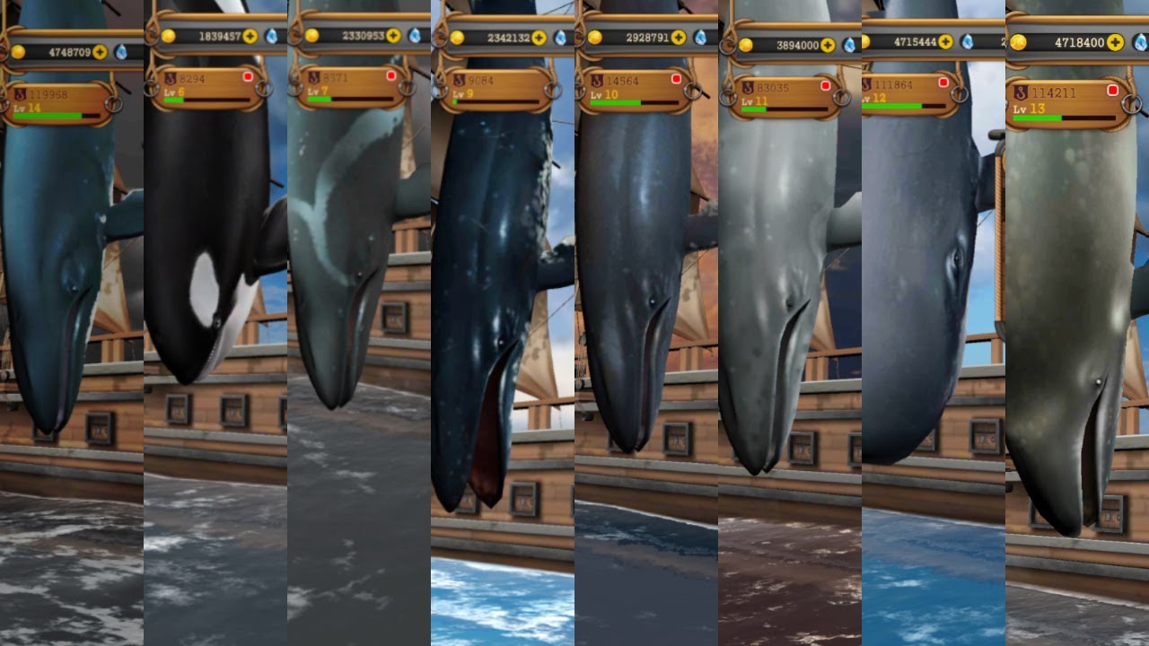 All Whales Catch in Moby Dick mobile game - New Whale fishing game - Deep Blue Tears Purple Ocean