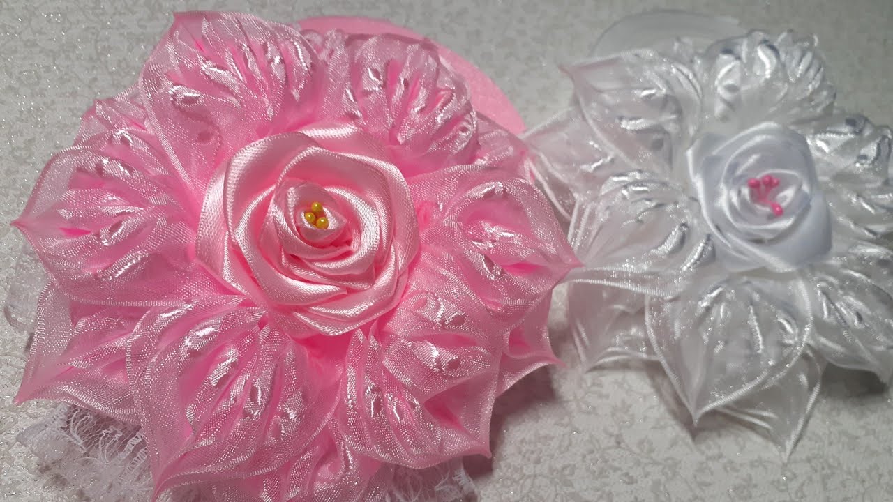 Пышный и нежный цветок из органзы. Канзаши. Kanzashi