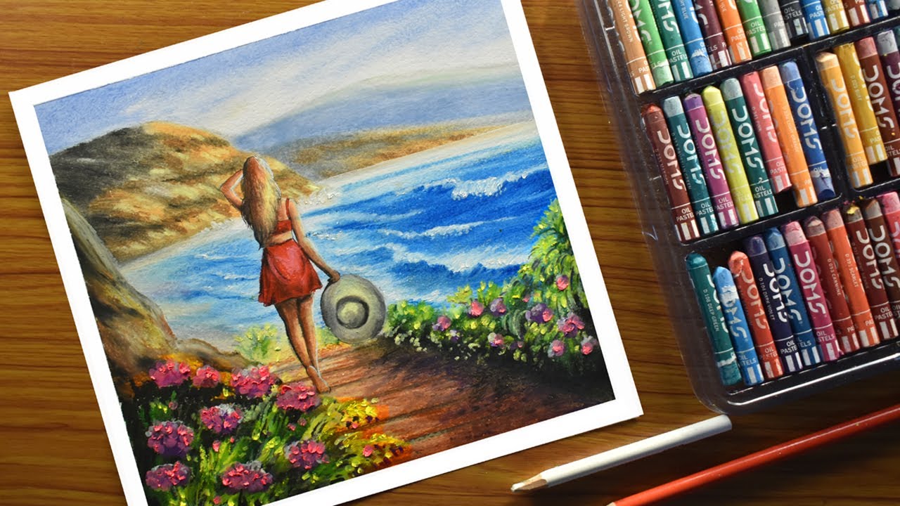 Beach scenery oil pastel drawing  / Beautiful Girl walking on the Sea Beach oil pastel drawing