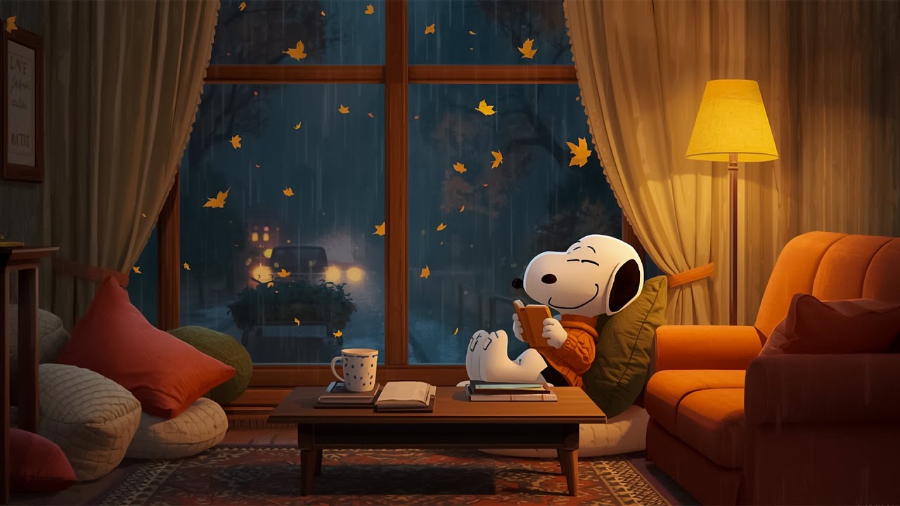 Rainy Autumn Night with Snoopy 🍁 Warm jazz rhythm for studying 🍂 Relax gently in a cozy room