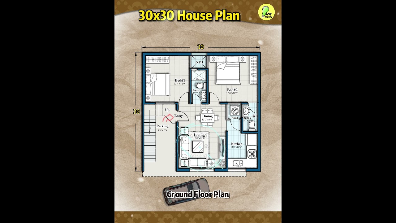 30&times;30 house plan, East Facing, 2BHK with car parking, 30*30 house design, #indianstyle  #floorplan