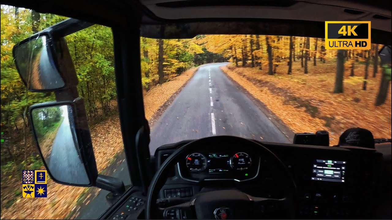 Autumn driving in rainy weather on narrow roads 4K