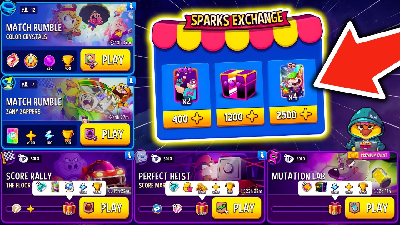 SPARKS EXCHANGE 🔥 3 Solo: Score Market, Lava Floor, Mutation Lab / 2 Rumble: Crystals, Zany Zappers
