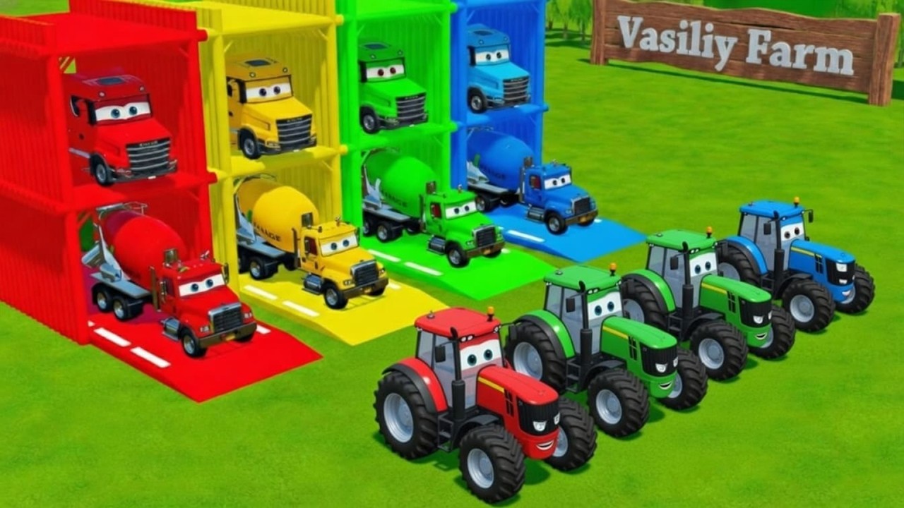 Garage with Colors - ALL MIXER TRUCK WITH DOUBLE FLATBED TRAILER TRUCK, SCANIA, IVECO, KOMATSU