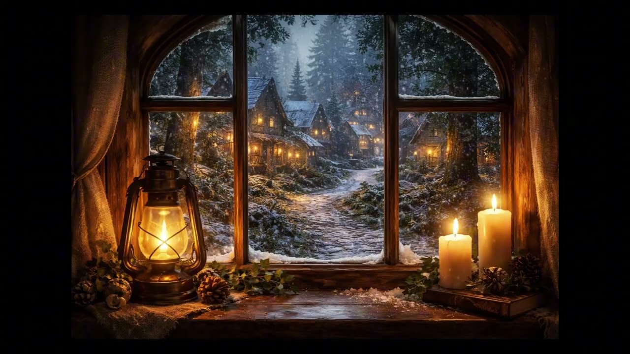 Cozy Winter Window Ambience 🕯 Snowy Village Night & Candlelight