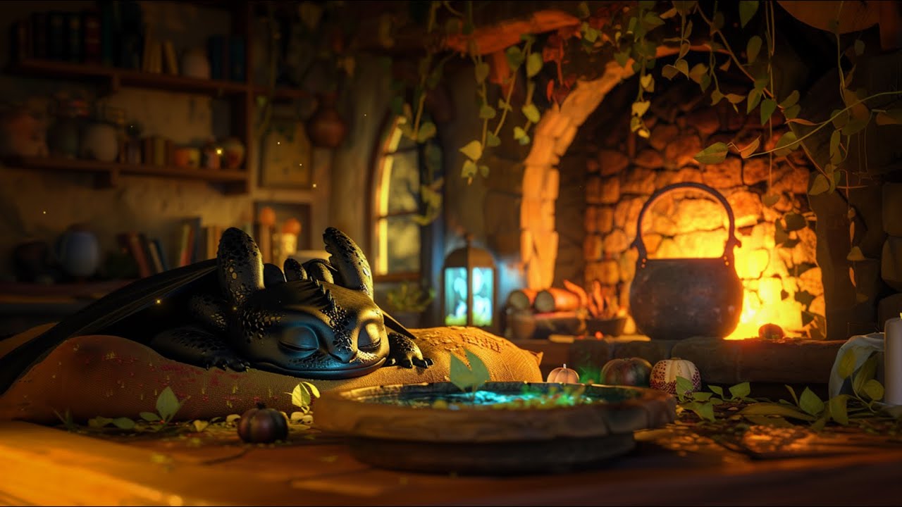 4-hour Relax with a Purring Dragon Pup | Crackling Fireplace Potion Brewing Cauldron Cozy Quiet ASMR
