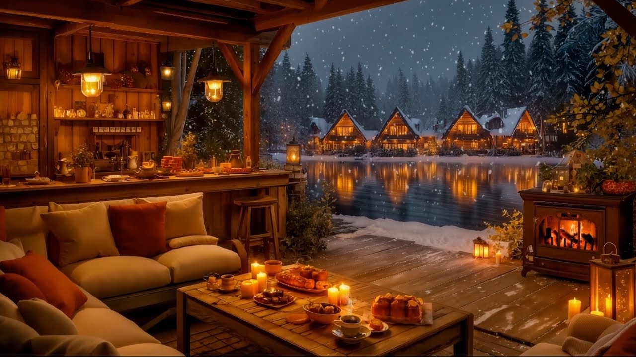 Winter Cabin Ambience | Crackling Fireplace, Gentle Snowfall & Soft Jazz for Relaxation and Sleep