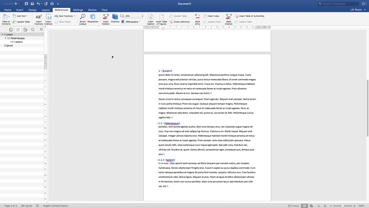 3   Headings Multilevel list and table of contents