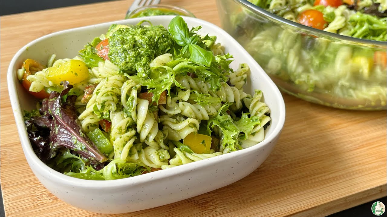 BASIL PESTO PASTA SALAD | Satisfyingly simple Salad recipe - Sattvik Kitchen