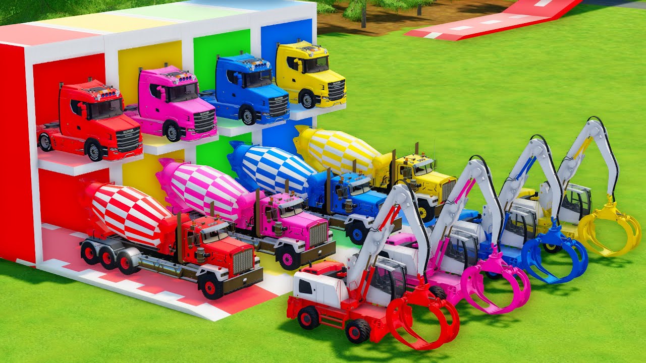 Garage with Colors - ALL MIXER TRUCK WITH DOUBLE FLATBED TRAILER TRUCK, SCANIA, KENWORTH, LIEBHERR