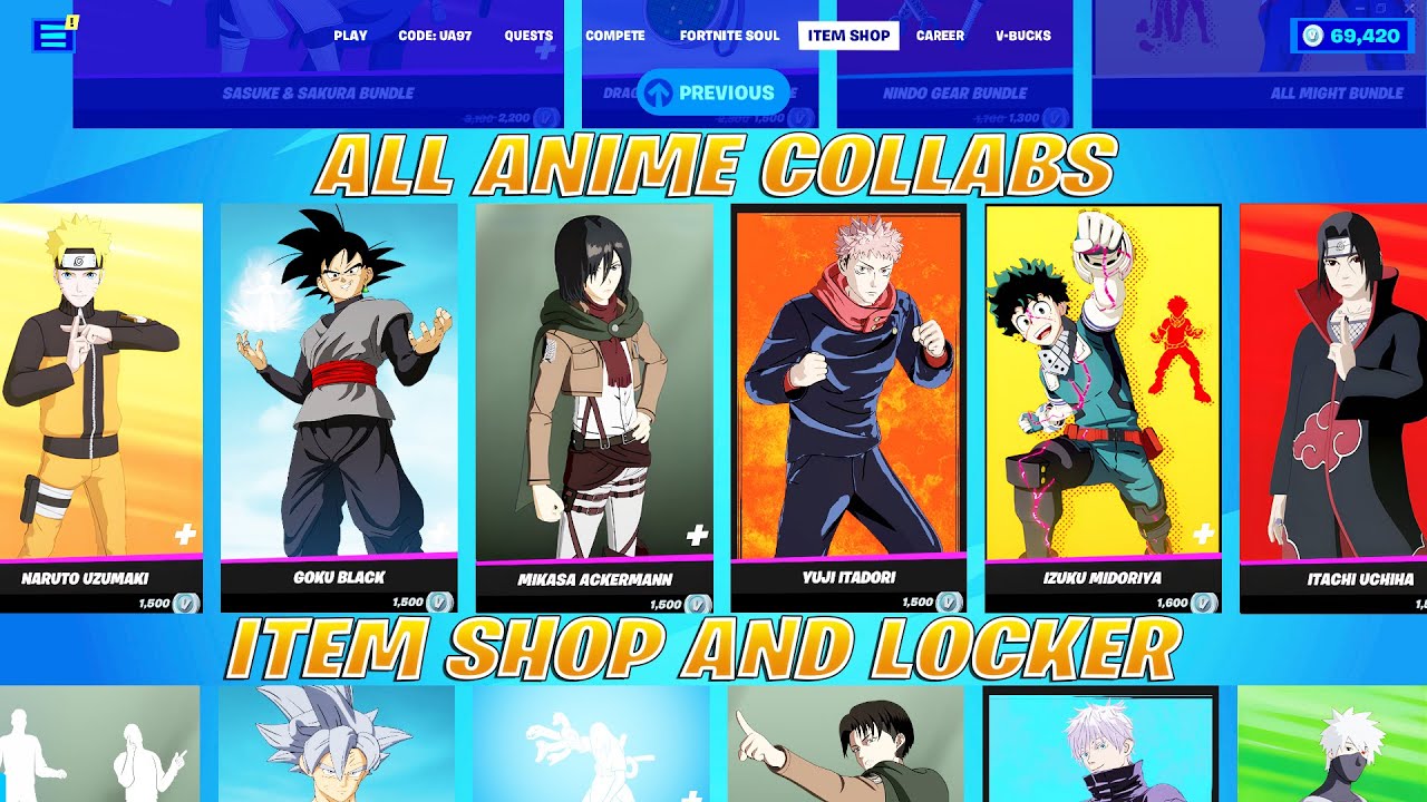 Fortnite Anime Collabs Skins, Emotes and Items!