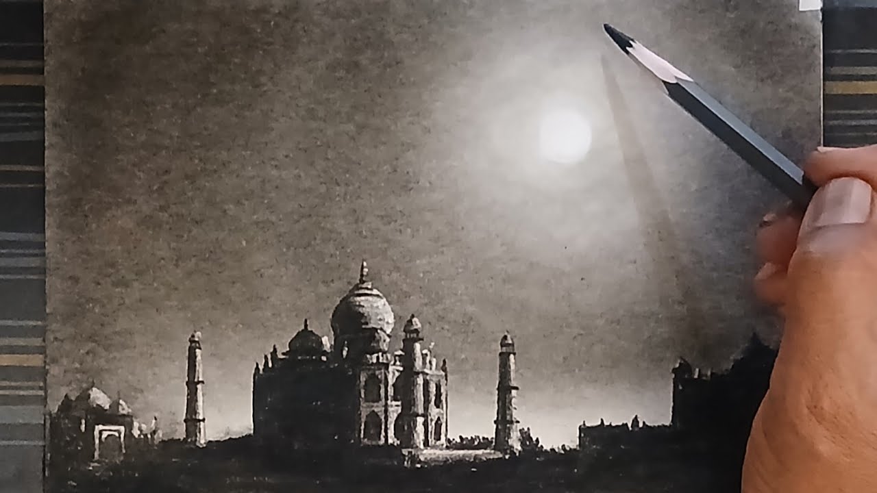 Moonlight scenery of Tajmahal drawing by pencil with easy ways.