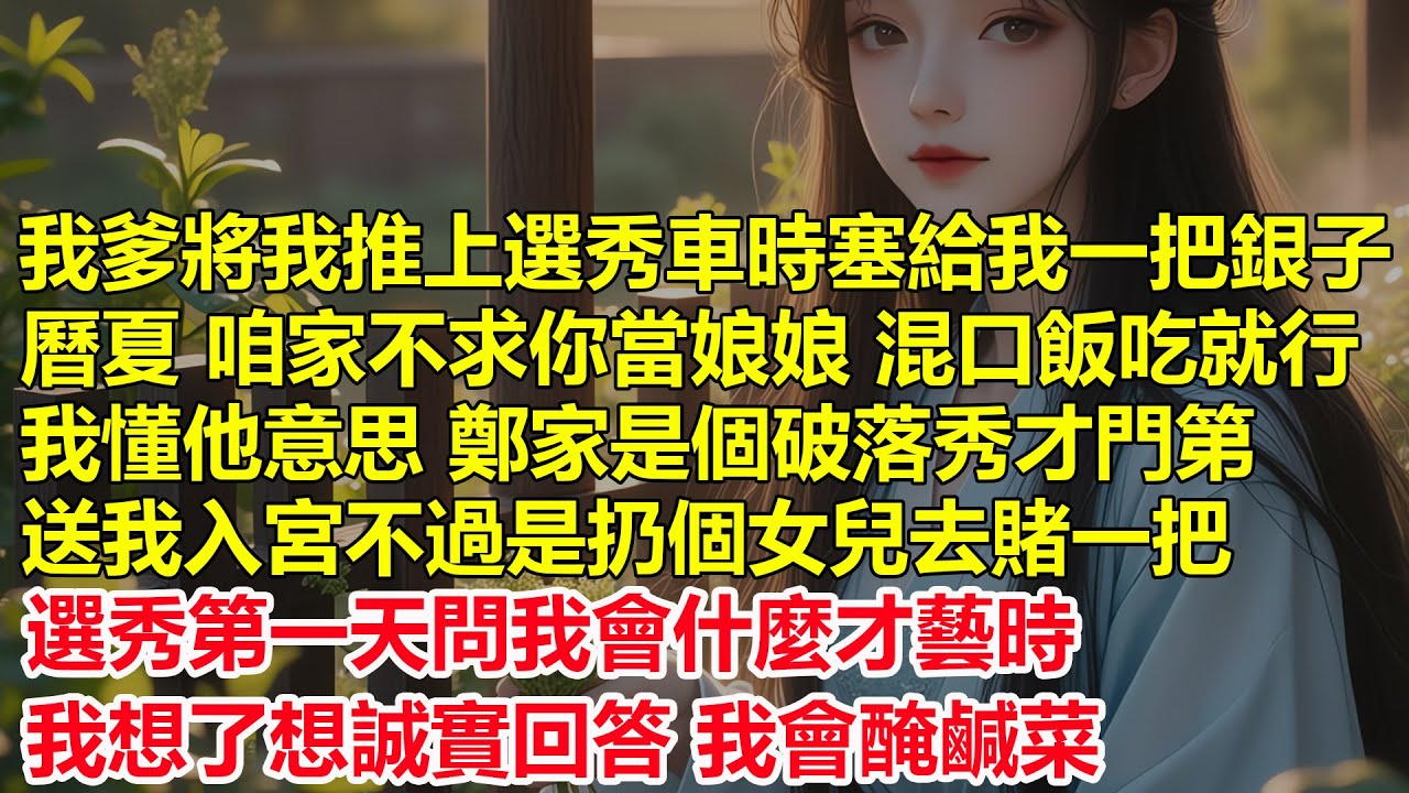 我爹將我推上選秀車時，塞給我一把銀子，曆夏，咱家不求你當娘娘，混口飯吃就行，我懂他的意思，鄭家是個破落秀才門第，家裏窮得耗子都得哭著離開，送我入宮不過是扔個女兒去賭一把...