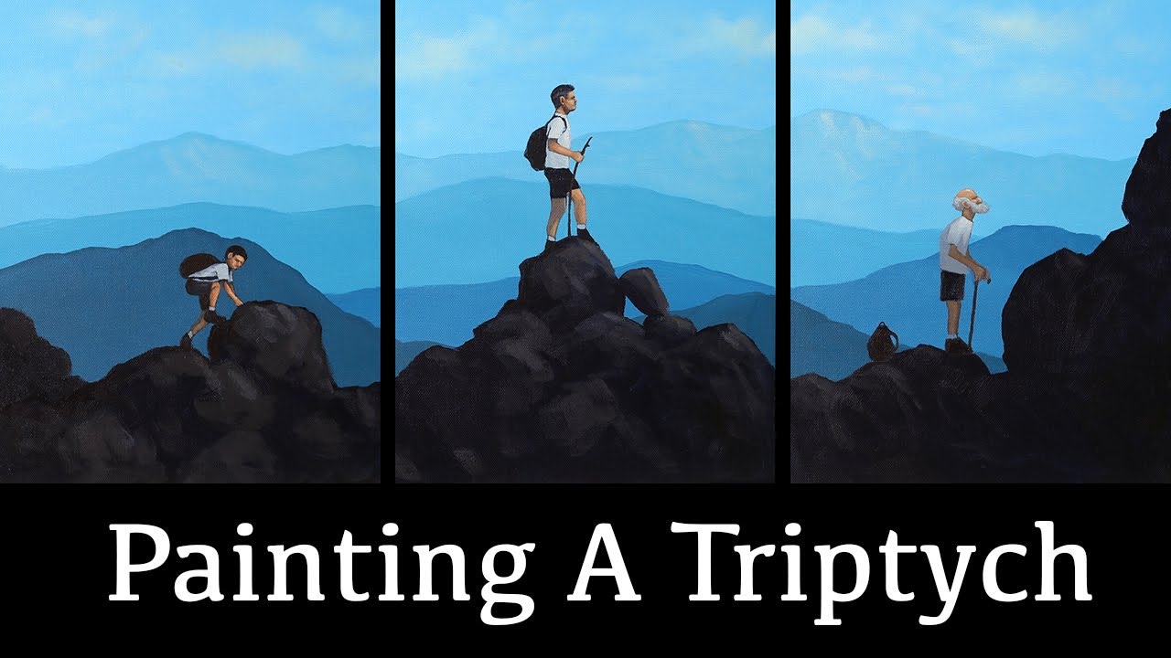 Let's Paint Unique Triptych Painting: Time-lapse Journey of Mountains, Figures and Clouds in Acrylic