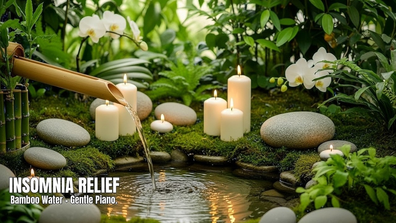 Insomnia Relief: Bamboo Fountain Sounds + Gentle Piano (No Talking) • Live Soundscape