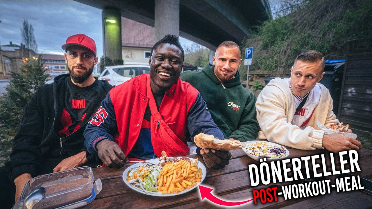 Dönerteller mit Kollegen essen (Post-Workout)