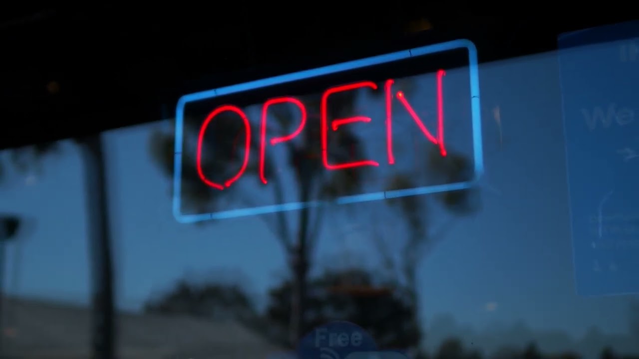 Close Up Neon Open Sign Stock Footage | Neon Light Shop Sign Video | Royalty Free