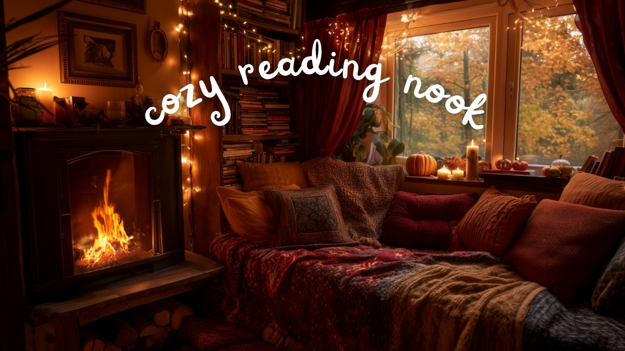 Cozy Fall Ambience 🧡 Reading Nook with Fireplace and Falling Leaves 🍁