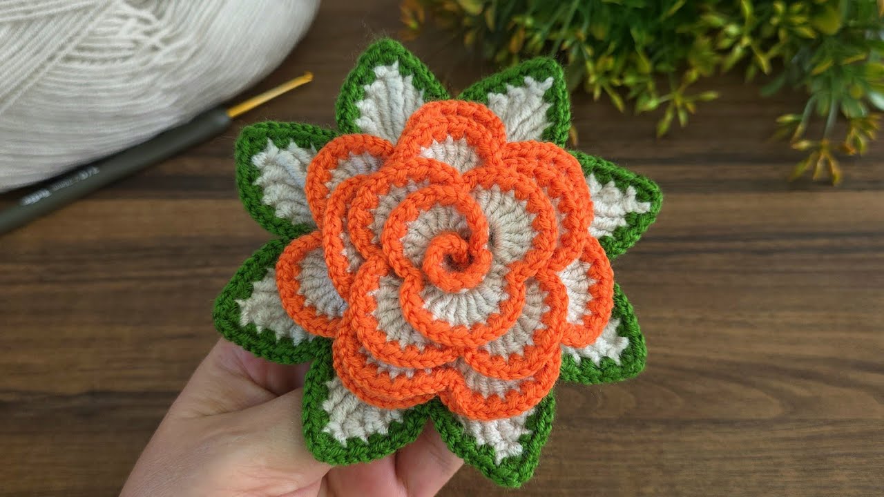 Como Hacer una ROSA A CROCHET CON HOJAS Fácil y Rápido 🌺🌺🌺