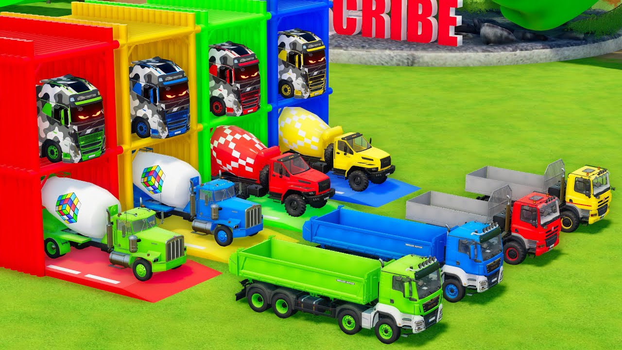 Garage with Colors - ALL MIXER TRUCK WITH DOUBLE FLATBED TRAILER TRUCK, KENWORTH, URAL, MAN, TATRA