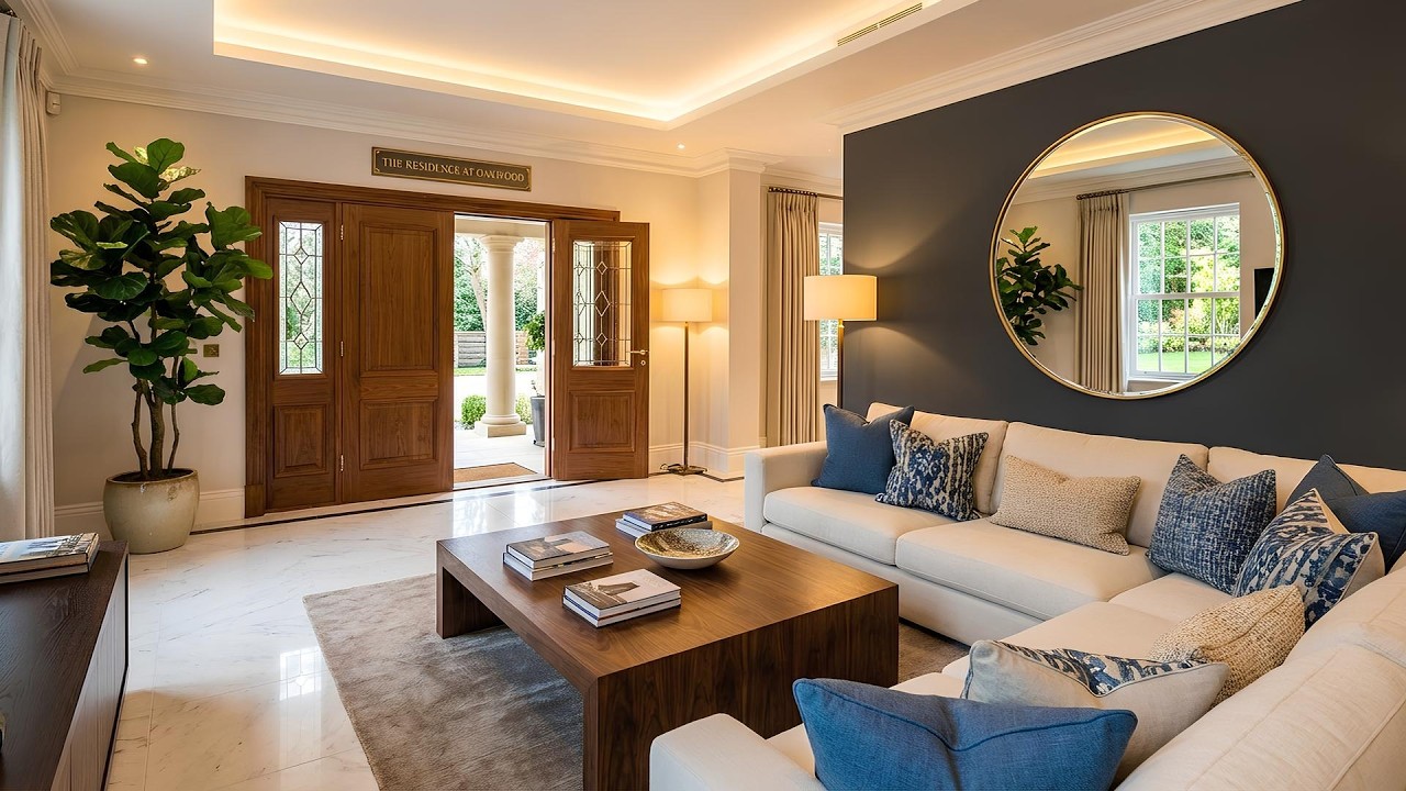Modern Luxury Living Room With Open Wooden Entrance, Cozy Sectional Sofa, Coffee Table and Mirror