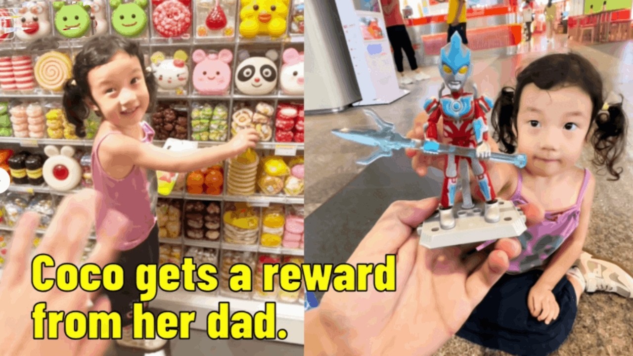 Coco only bought one candy, and her dad rewarded her with an Ultraman toy.