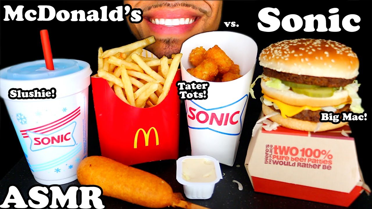MCDONALDS VS SONIC MUKBANG CORN DOG RANCH SAUCE BIG MAC TATER TOTS FRIES SLUSH ASMR JERRY NO TALKING