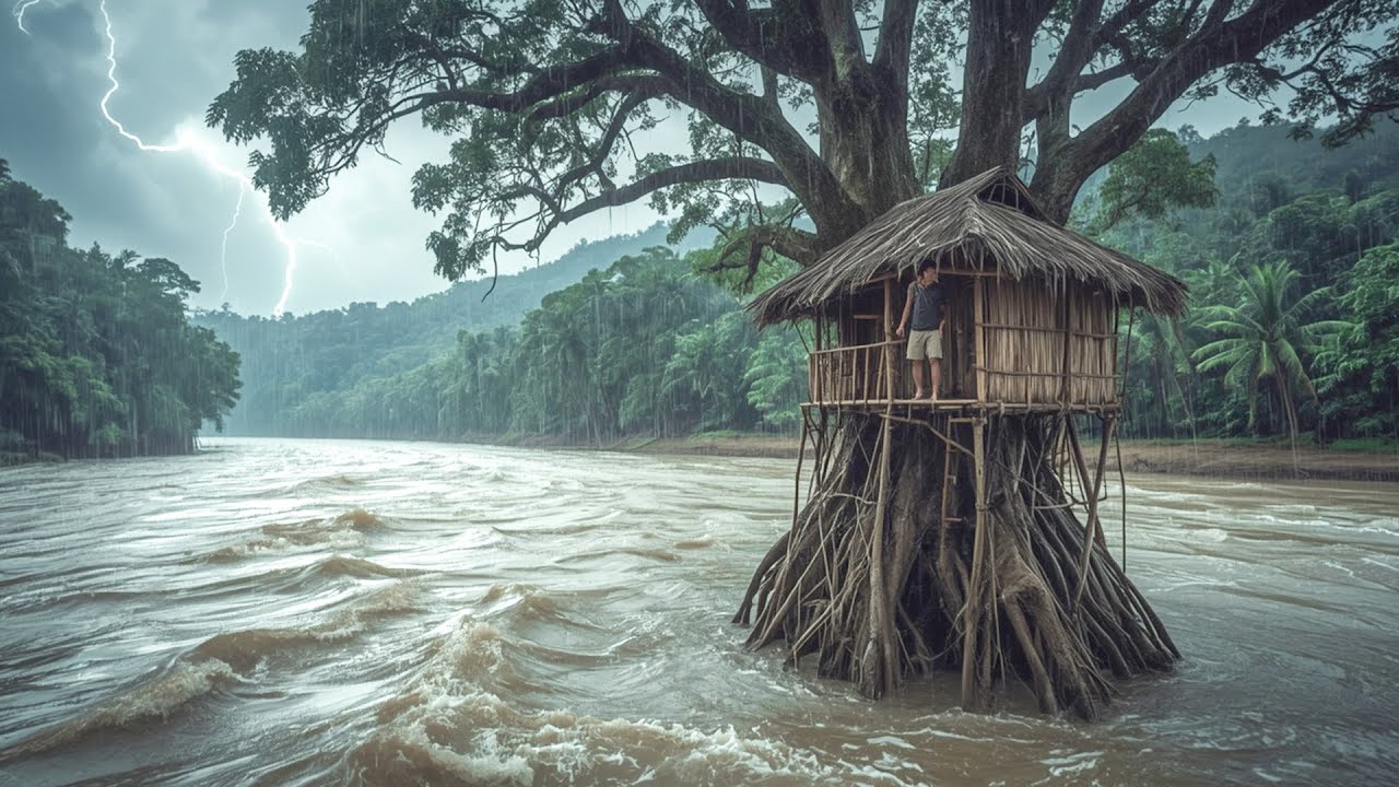 90 Day Challenge: Building A Treehouse To Survive Safely From Ground Hazards Using Primitive Tools