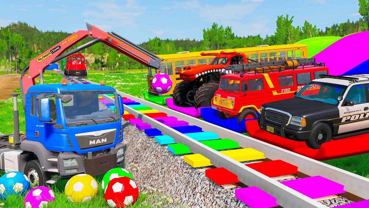 Flatbed Trailer Truck Rescue Bus - Cars vs Slide Colors - Cars vs Rails & Trains - BeamNG Drive #13