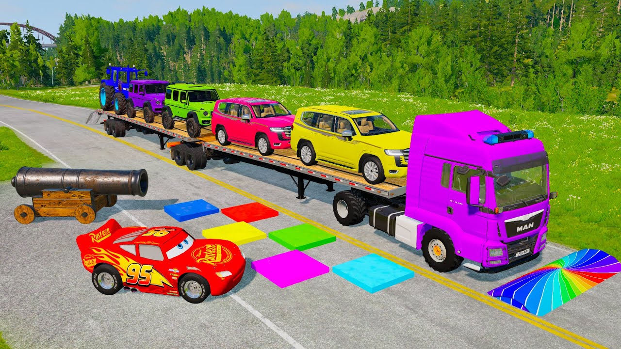 Flatbed Truck McQueen | Transportation with Truck - Pothole vs Car #106 | BeamNG.Drive Gameplay