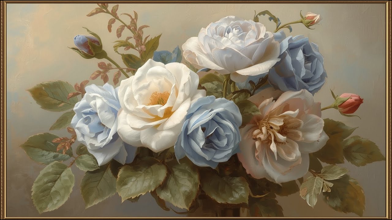 Vintage Pastel Blue Roses Oil Painting | Elegant Gold Frame | Timeless Floral Art|TV Screensaver 4K