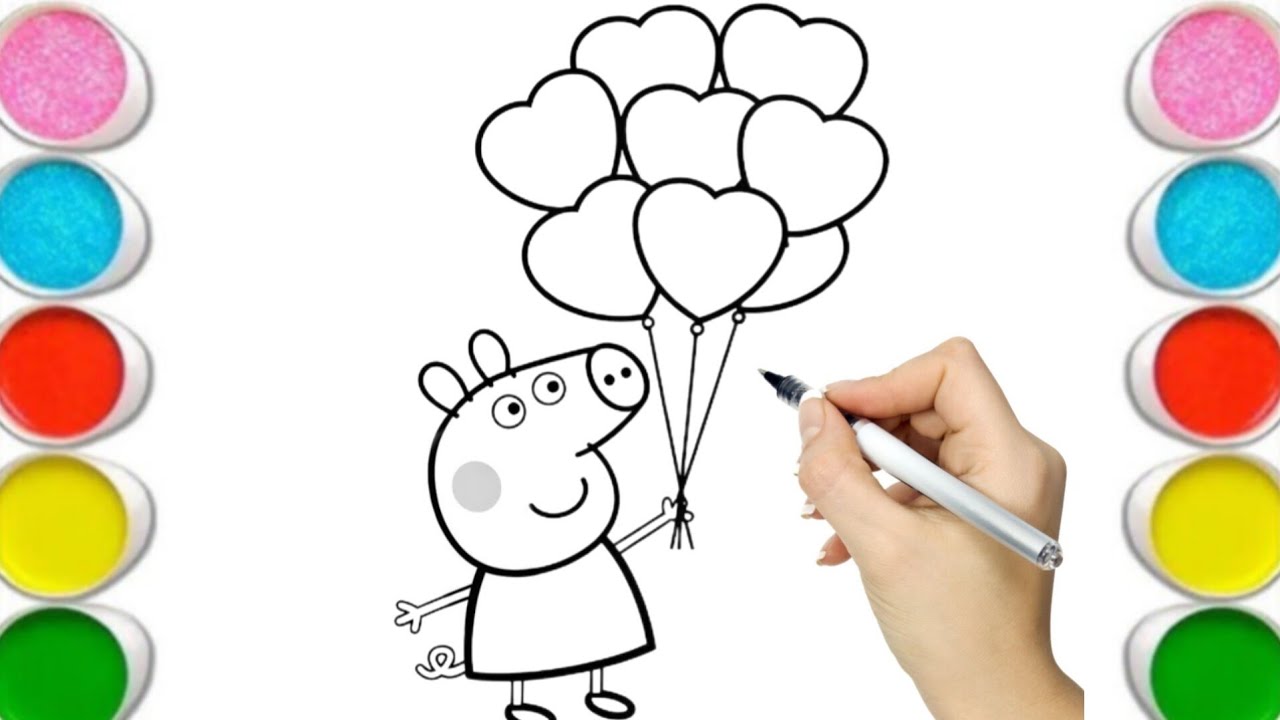 How to Draw Peppa Pig with Heart Balloons | Easy Drawing & Coloring Tutorial for Kids