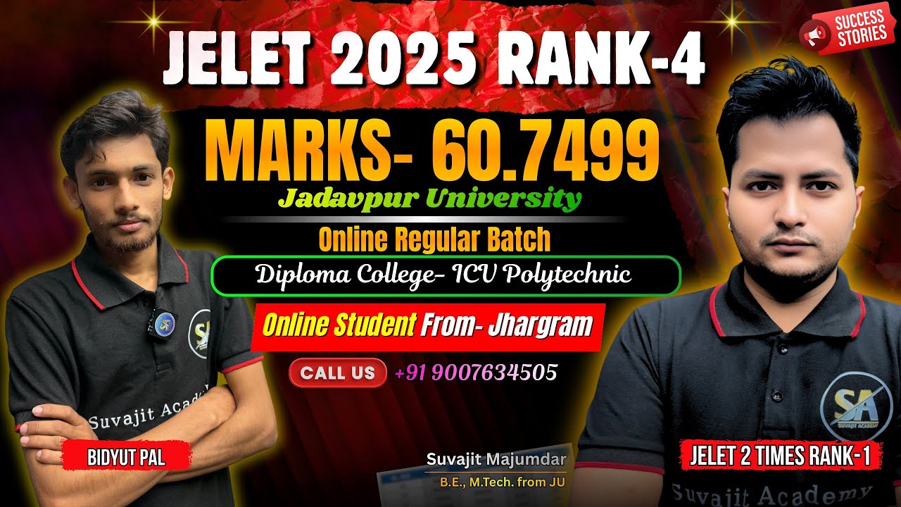JELET 2025 Exam Rank 4 Marks 60.7499 | Bidyut Pal Offline Batch Student | Jelet Rank Success Story