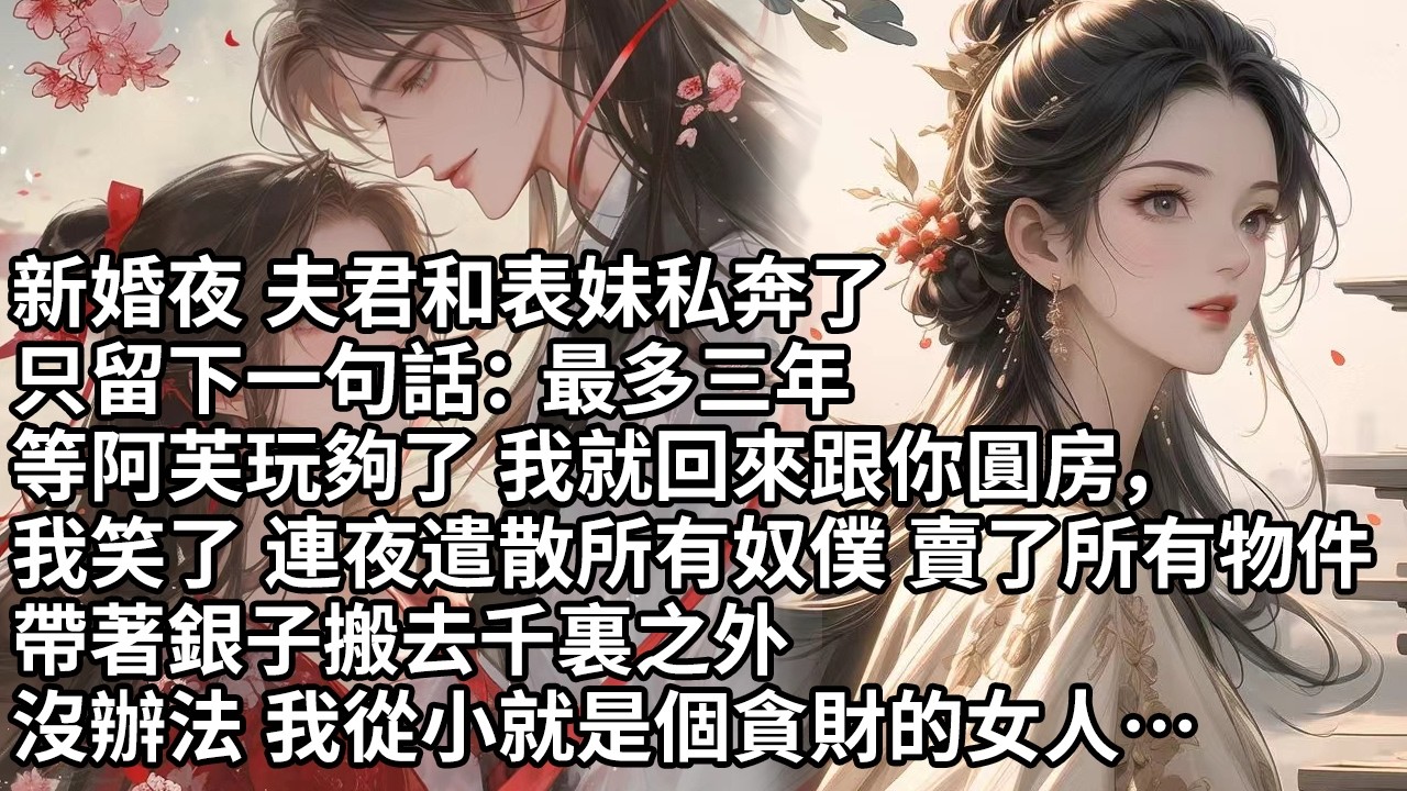 【一口氣看完】新婚夜 夫君和表妹私奔了，只留下一句話：最多三年，等阿芙玩夠了 我就回來跟你圓房，我笑了 連夜遣散所有奴僕 賣了所有物件，帶著銀子搬去千裏之外，沒辦法 我從小就是個貪財的女人…