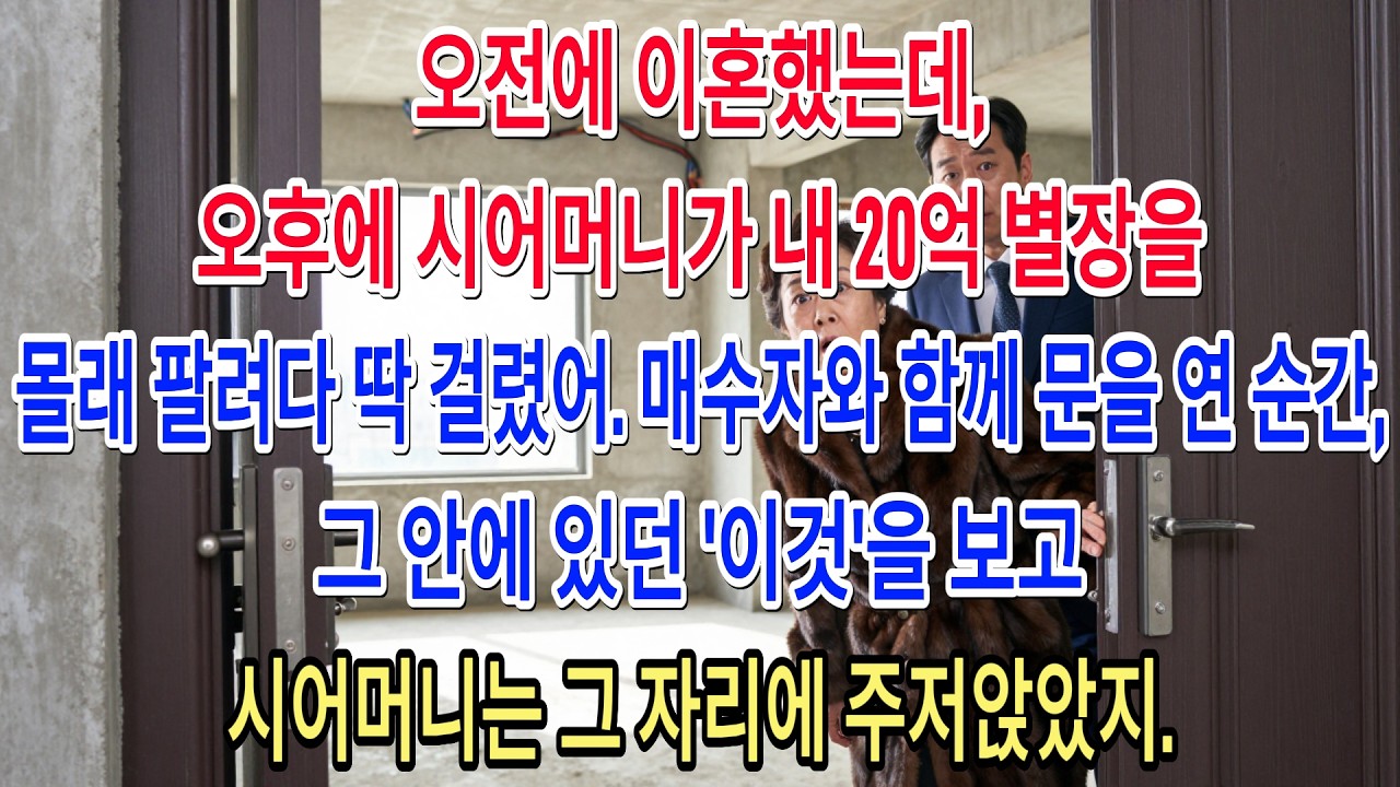 오전에 이혼했는데, 오후에 시어머니가 내 20억 별장을 몰래 팔려다 딱 걸렸어. 매수자와 함께 문을 연 순간, 그 안에 있던 '이것'을 보고 시어머니는 그 자리에 주저앉았지.