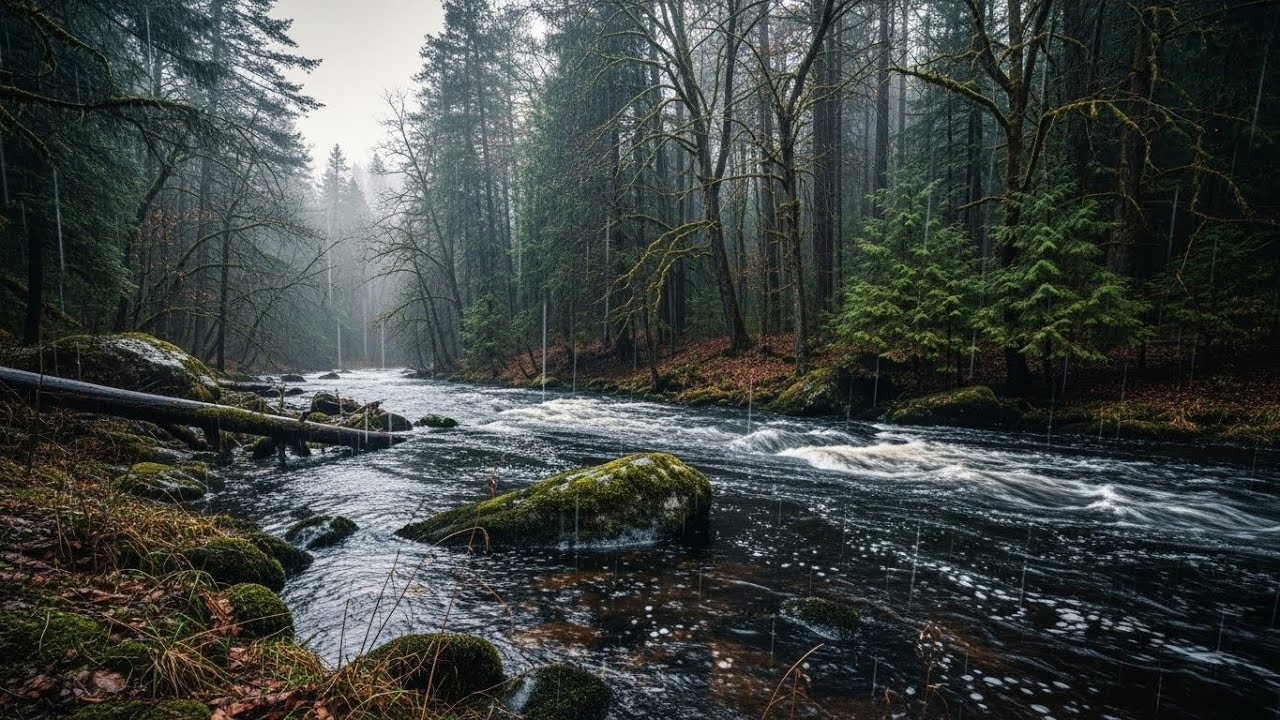 Relaxing Steady Rainfall with Peaceful River Flow for Anxiety Relief and Inner Peace
