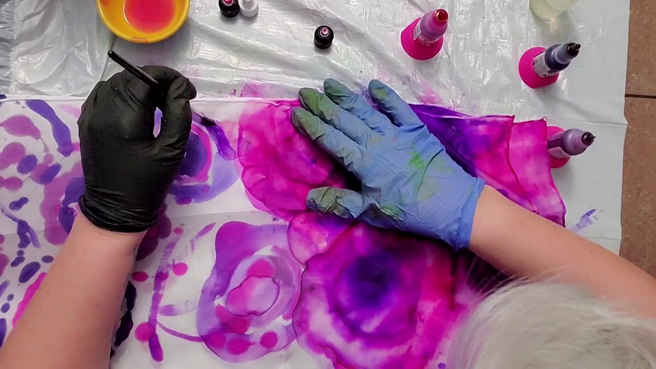 Painting a silk scarf with alcohol inks. (sped up X2. No sound)