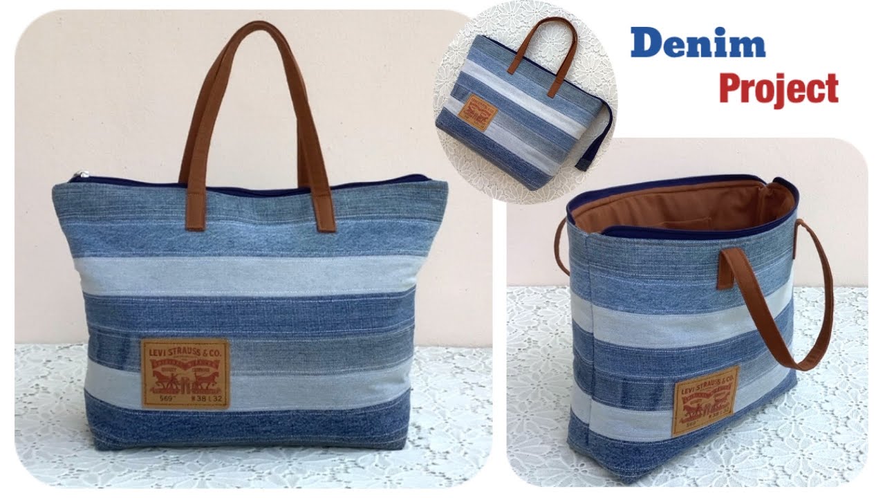 sewing diy a denim open wide tote bag with zipper tutorial , easy to sew a denim tote bag patterns.