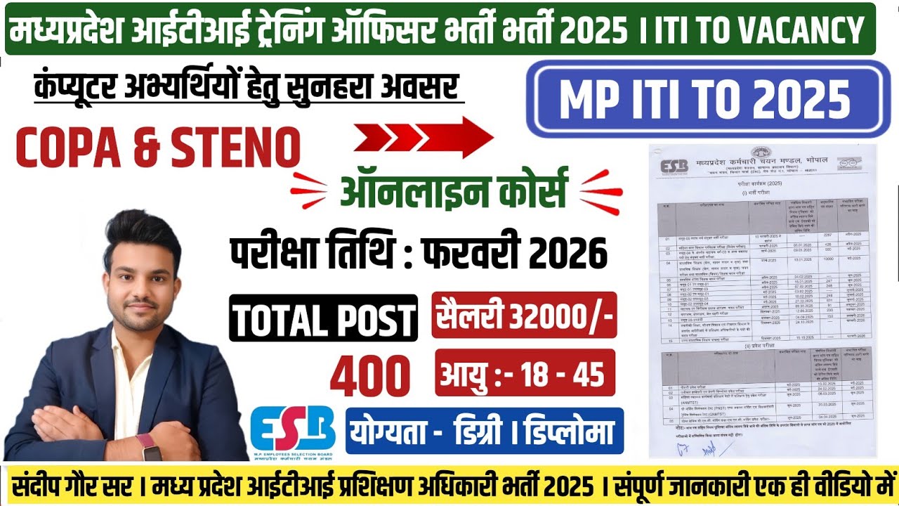MP ITI TO NOTIFICATION 2025 | MP ITI TO VACANCY 2025 | MP ITI COPA VACANCY 2025 | ESB CALENDAR 2025