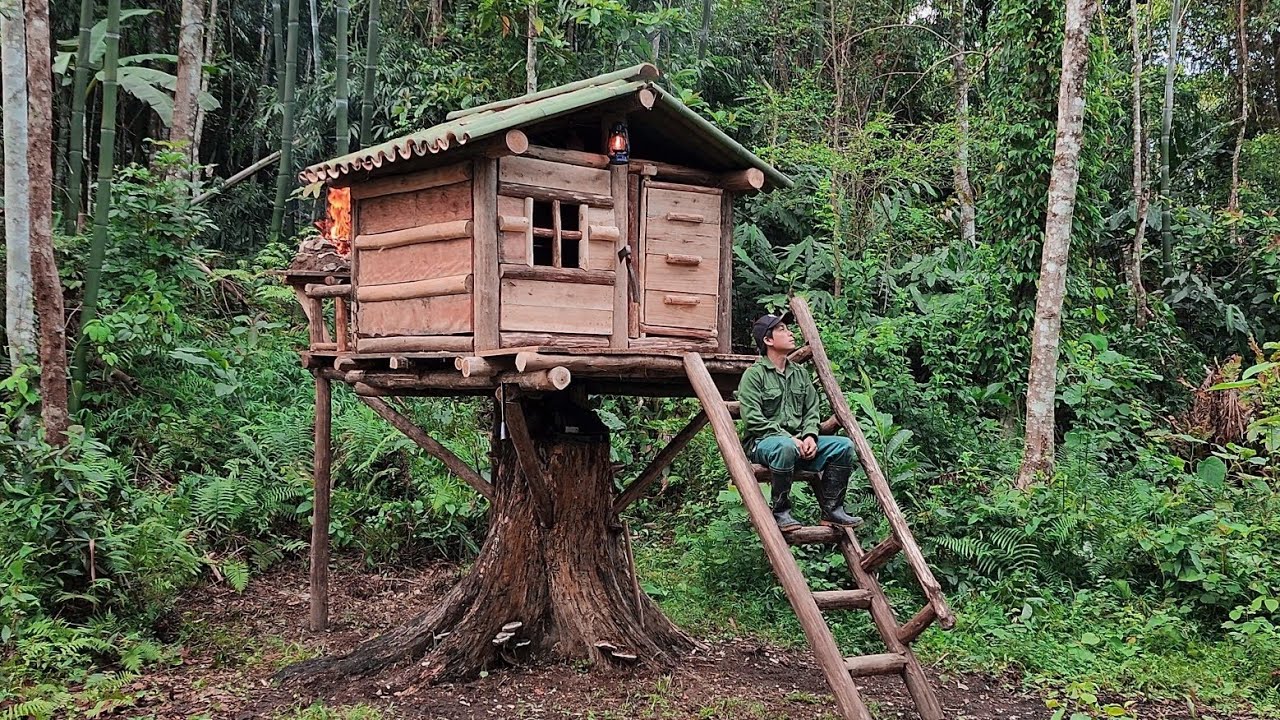 built a wooden house on a big tree, with 2 doors, balcony, and bush room