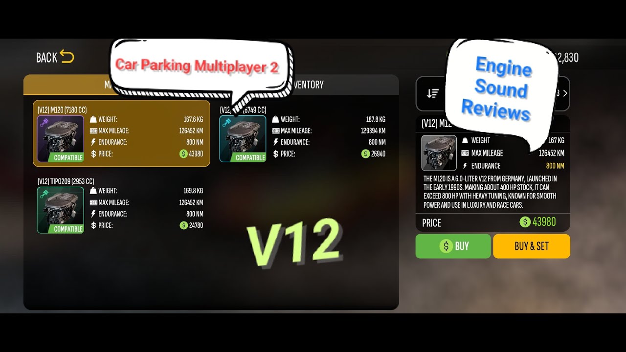 Car Parking Multiplayer 2 [CPM2] Engine Sound Reviews | V12 | N74, TIPO209, M120