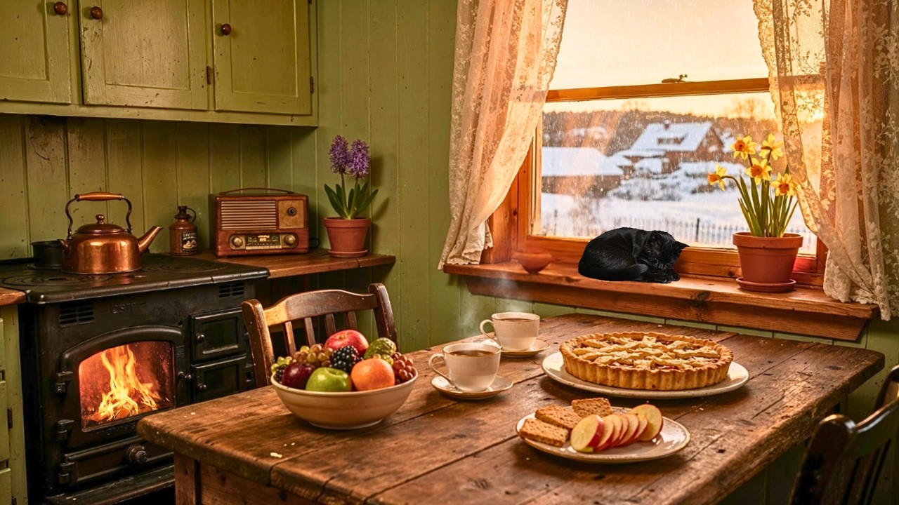 Cozy 1950s Winter Kitchen Evening ☕ Oldies Playing in Another Room | Warm Fireplace Crackle