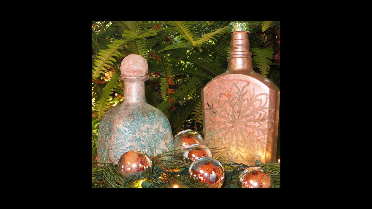 DIY Upcycle Patron Liquor Bottle Faux frosted glass & Snowflake 1