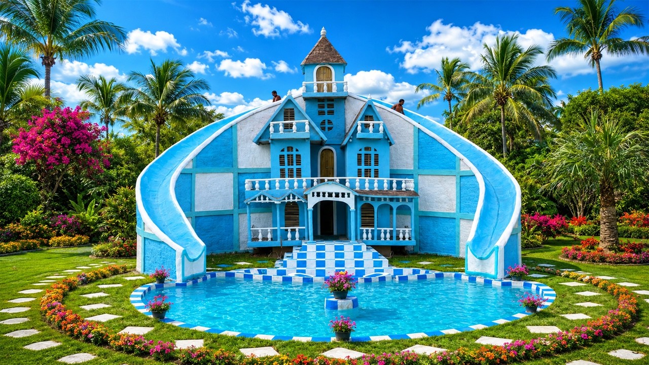 [Full Build ] Build 4-Story Mud Victorian House, Swimming Pool And Big Twin Water Slide Around House