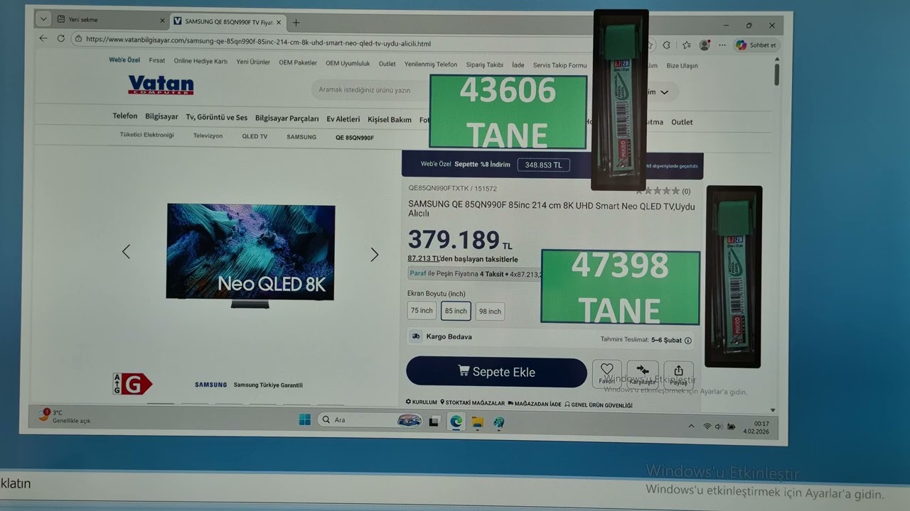 4 Şubat 2026 Samsung 85QN990F 8K TV vs Mikro 0.7 60mm uçlu kalem ucu turkuaz paket 