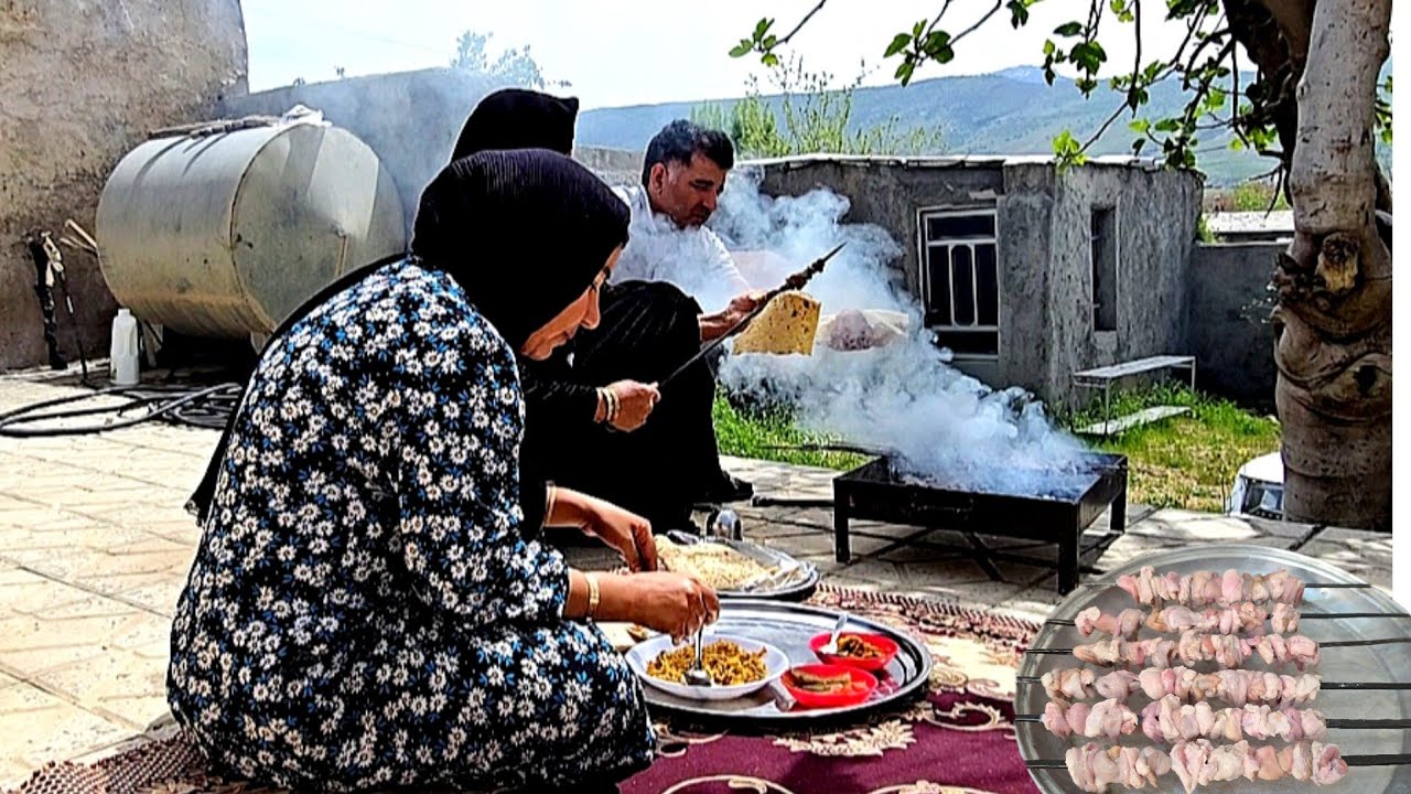 IRAN Daily Village Life | Mother & Daughter Cooking Traditional Kebab Outdoors