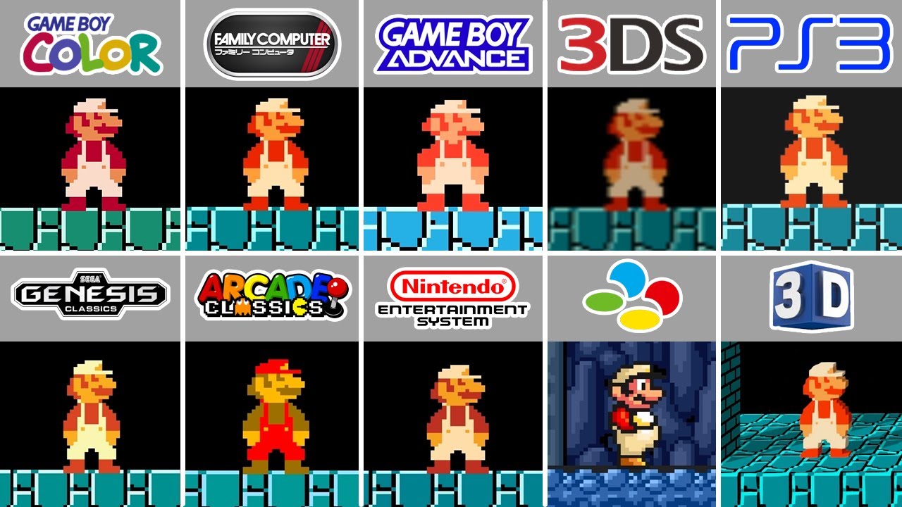 Super Mario Bros. (1985) GBC vs FDS vs GBA vs 3DS vs PS3 vs Genesis vs Arcade vs NES vs SNES vs 3D